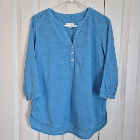 J. Jill Tops - J. Jill XS Petite Blue Gauze Cotton Henley Tunic 3/4 Sleeve Hi/Low Hem Blouse